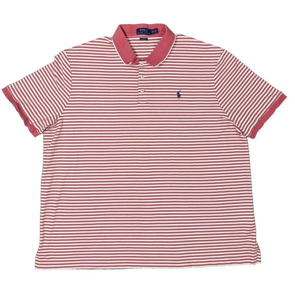 Polo Ralph Lauren Red White Striped Short Sleeve Polo Shirt Size XXL Golf Preppy